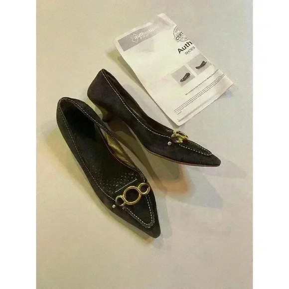 Vintage Prada Kitten Heels Black Gold Buckle Size 36 EU Italy 6 US Pumps Pointed - Picture 1 of 9